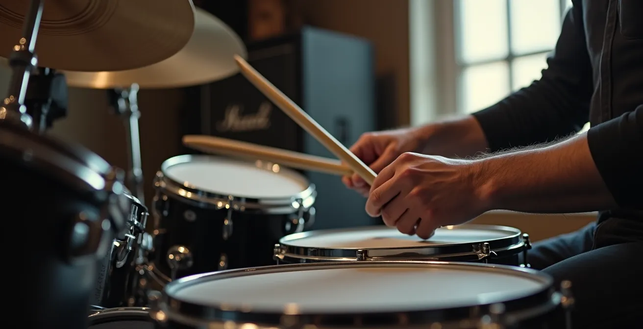 Gros plan sur le positionnement d'un micro de caisse claire avec écran acoustique DIY