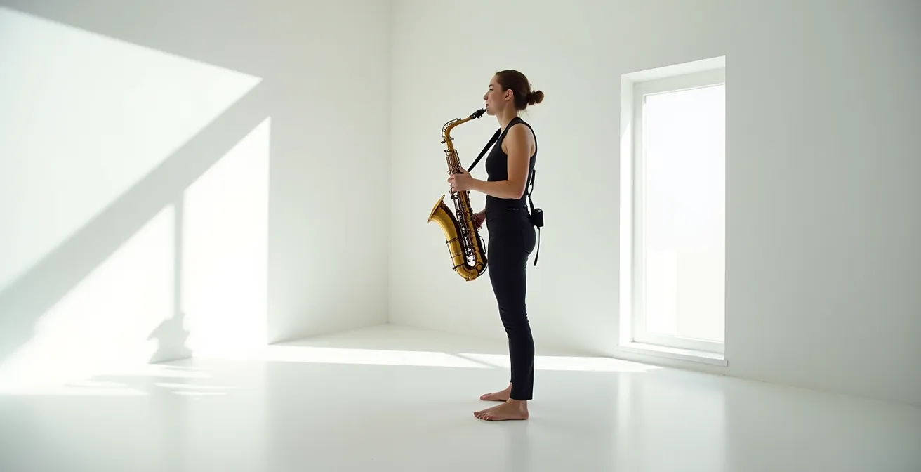 Saxophoniste en position ergonomique avec harnais trois points, montrant l'alignement parfait de la colonne vertébrale