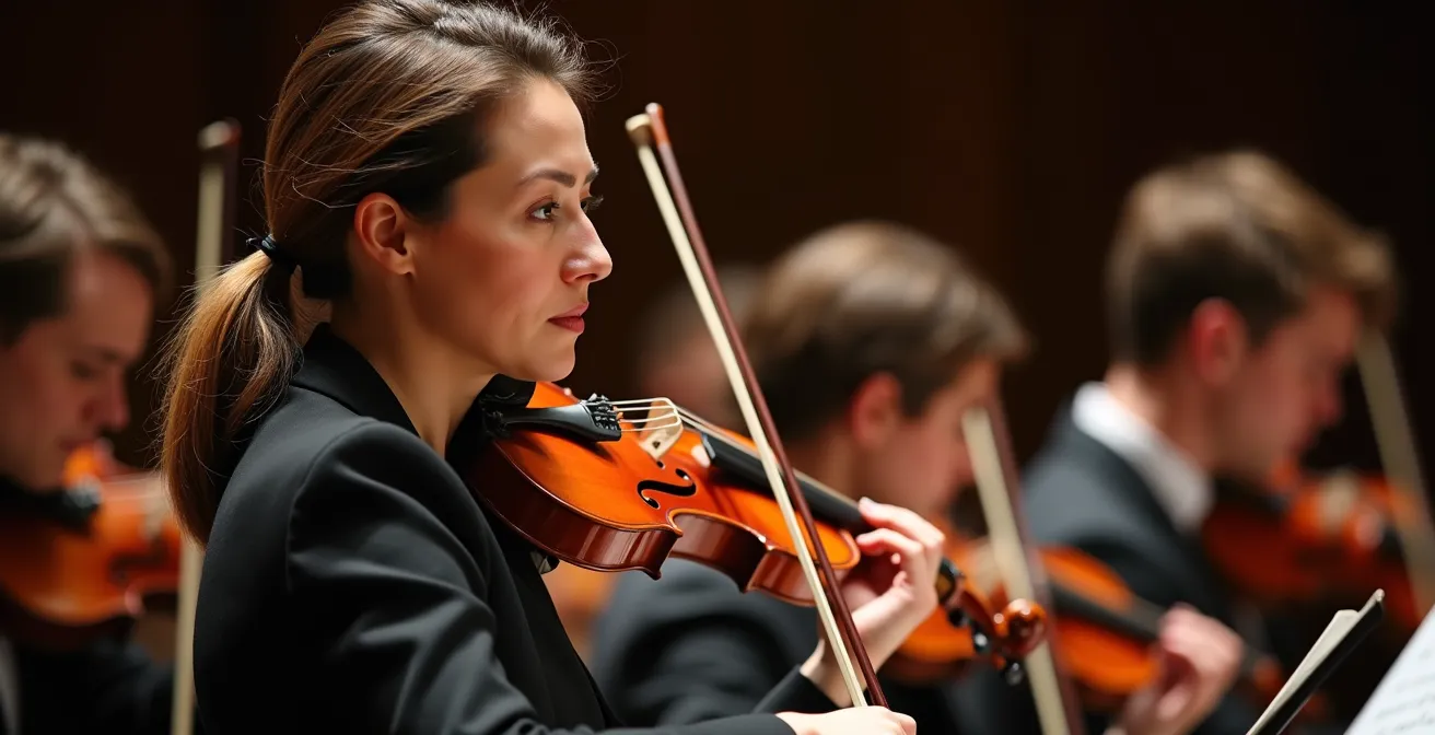 Premier violon solo en gros plan avec orchestre en arrière-plan flou, illustrant la communication avec le chef.