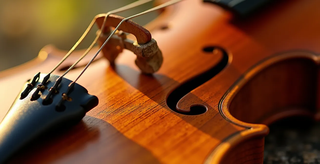 Détail macro sur les fissures d'un violon causées par la chaleur excessive