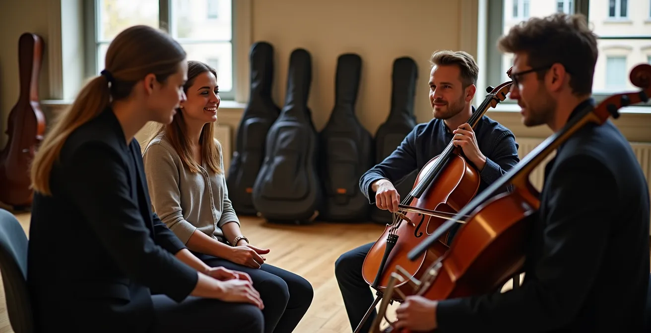 Quatre musiciens en cercle discutant avec leurs instruments posés autour d'eux