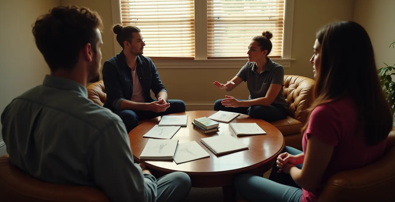 Musiciens en cercle lors d'une réunion dans un espace neutre sans instruments