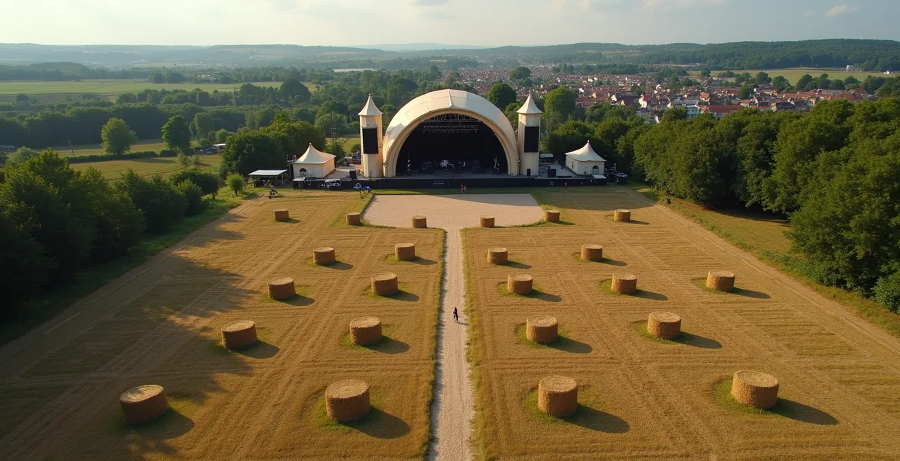 Scène de festival orientée pour minimiser l'impact sonore avec barrières naturelles