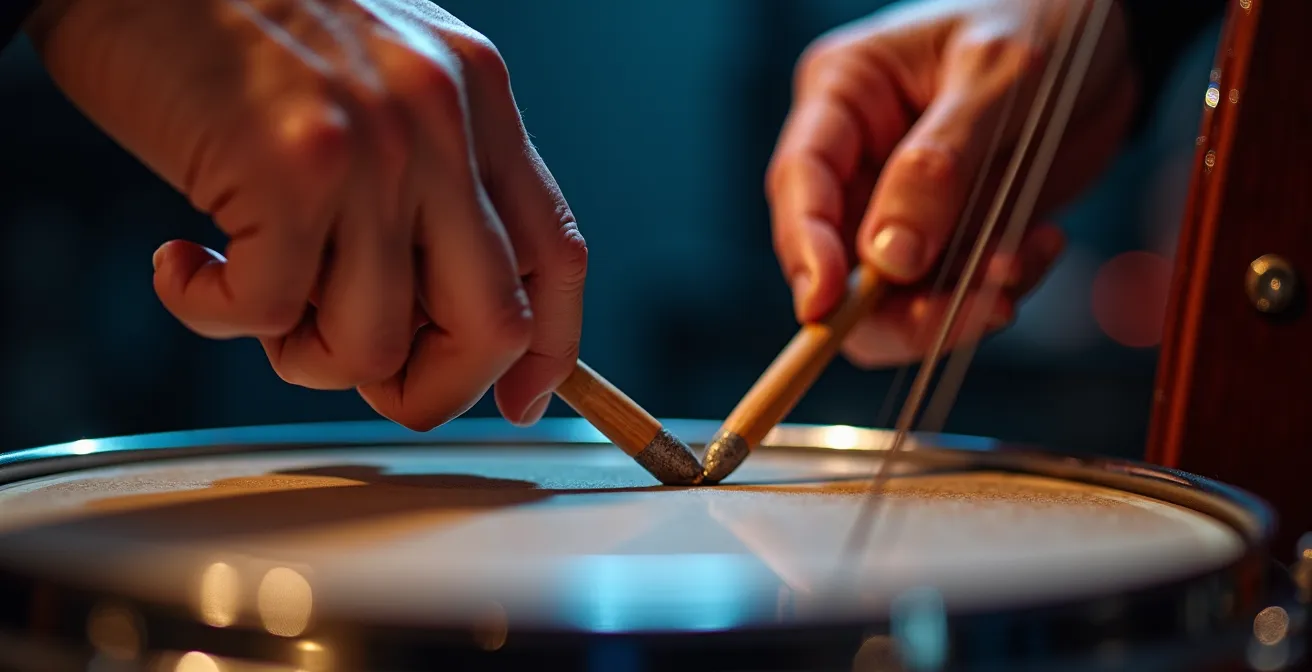 Gros plan sur les mains d'un bassiste et les baguettes d'un batteur en pleine synchronisation