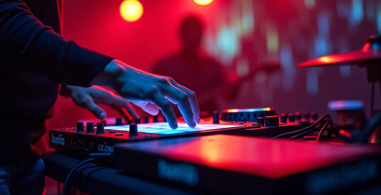 Configuration hybride de performance live avec contrôleurs et machines analogiques dans un club