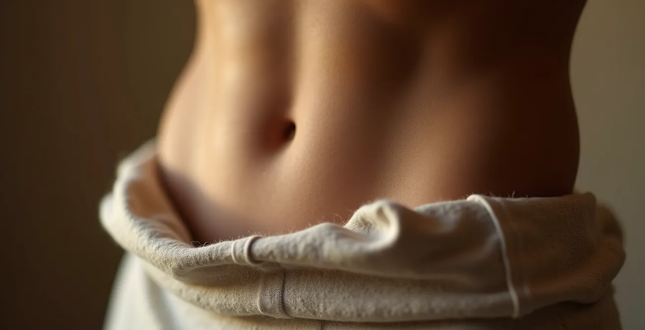 Vue macro du ventre d'un musicien montrant la contraction subtile des muscles abdominaux profonds pendant l'expiration contrôlée