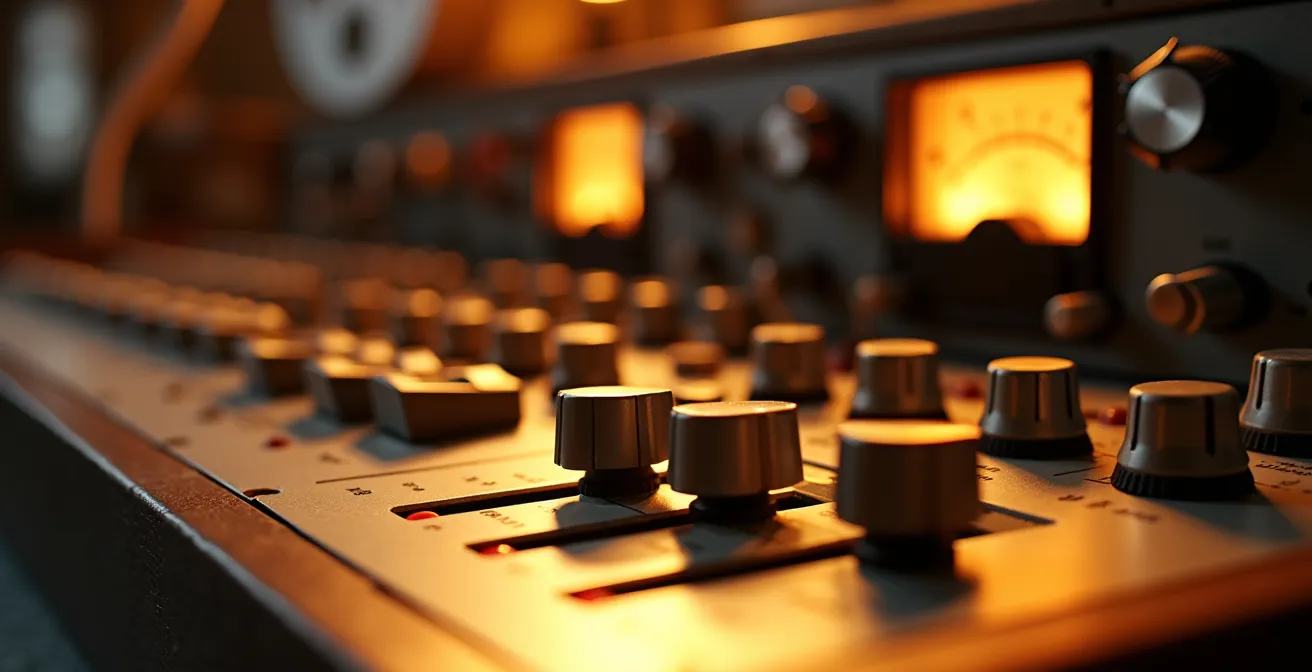 Console d'enregistrement analogique dans un studio français avec bandes magnétiques