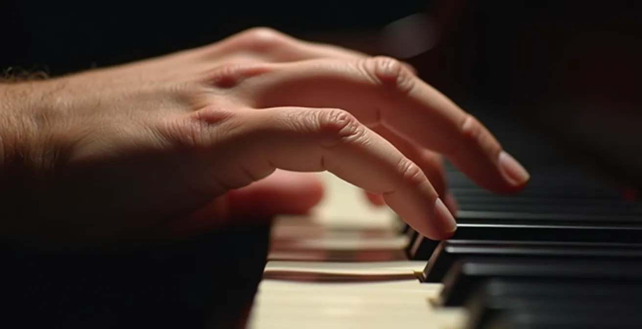 Vue macro de doigts formant un accord de jazz complexe sur touches de piano