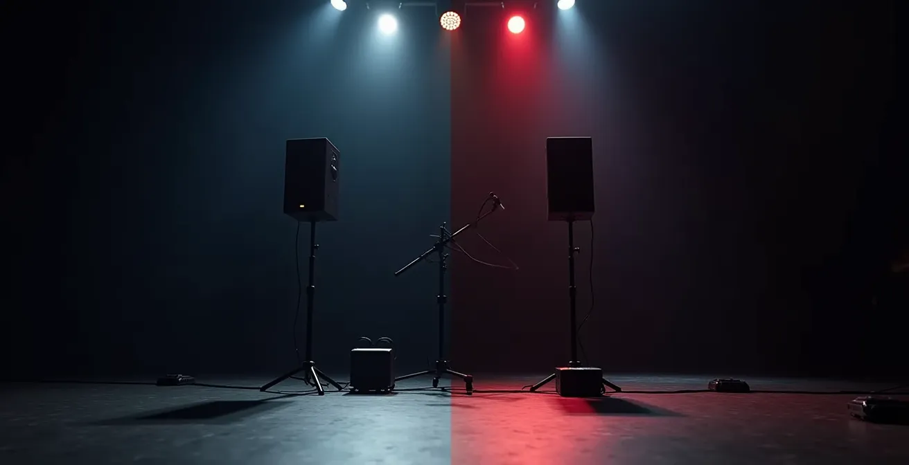 Comparaison visuelle entre système In-Ear et retours bains de pieds sur scène