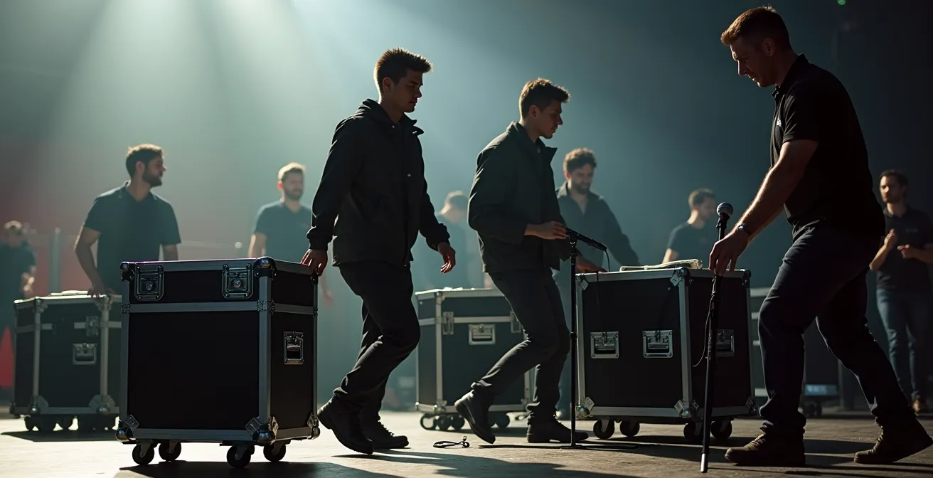 Équipe de techniciens effectuant un changement de plateau rapide entre deux concerts