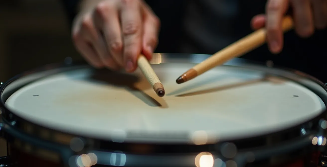Gros plan sur les mains d'un batteur exécutant un roulement sur caisse claire