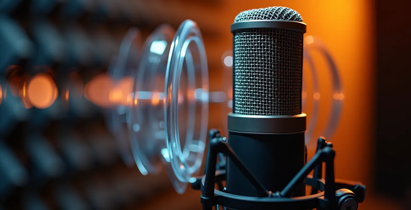 Gros plan sur une session d'enregistrement vocal avec superposition de pistes