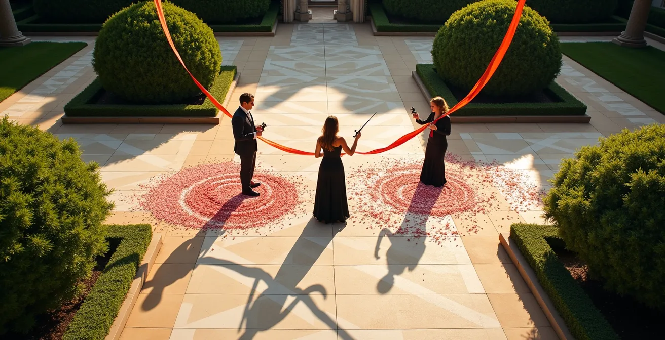 Positionnement stratégique d'un quatuor à cordes dans une cour de château pour optimiser l'acoustique