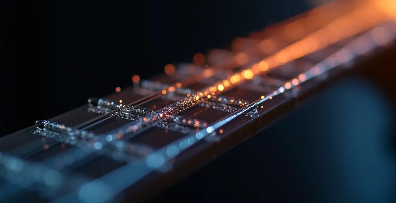 Macro d'une corde de guitare vibrante créant des ondulations harmoniques visibles dans l'air