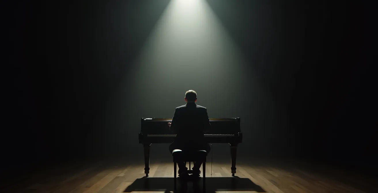 Pianiste dans l'ombre avec éclairage dramatique au moment de jouer l'accord de dominante