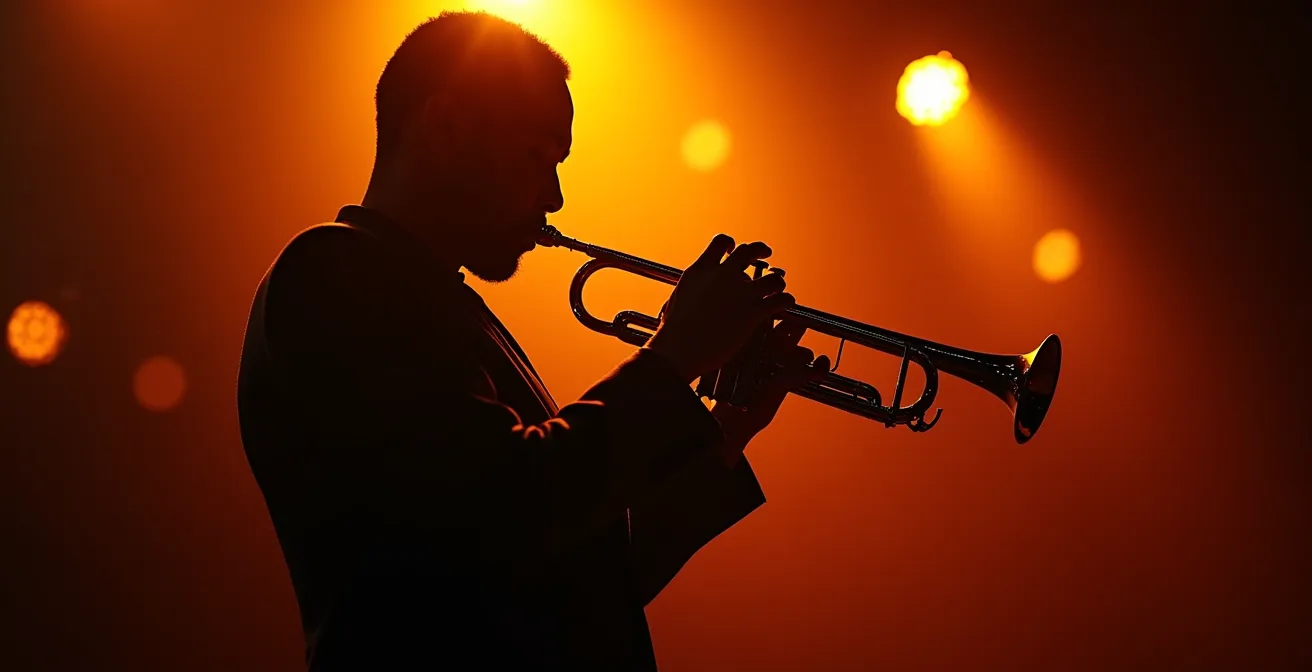 Silhouette d'un trompettiste de jazz en contre-jour tenant sa trompette baissée dans un moment de pause expressive