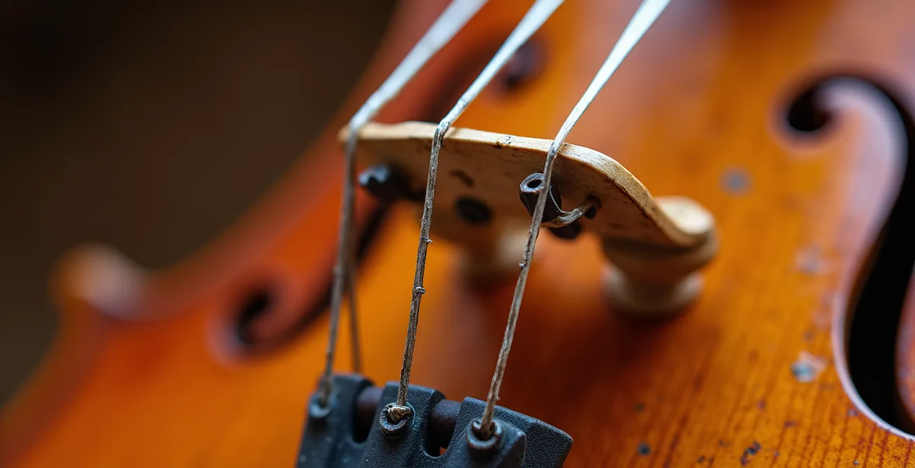 Détail en macro d'un violon baroque avec ses cordes en boyau naturel